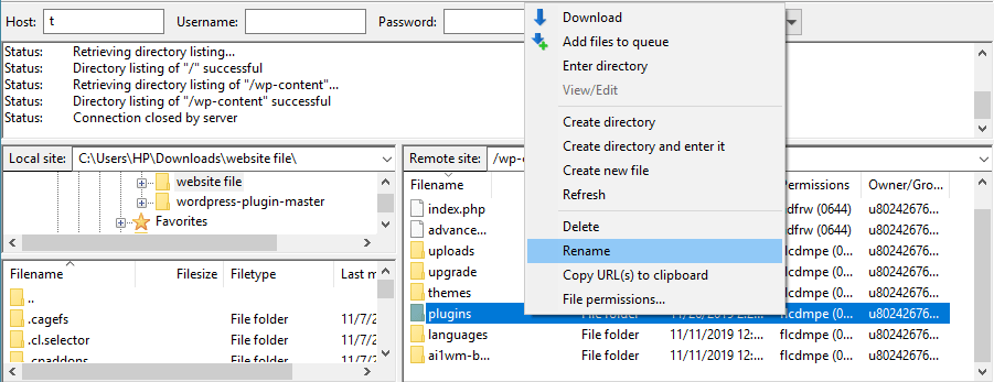 Disable plugins on WordPress - FTP