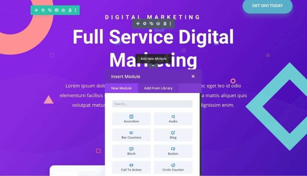 Divi interface to build website from scratch