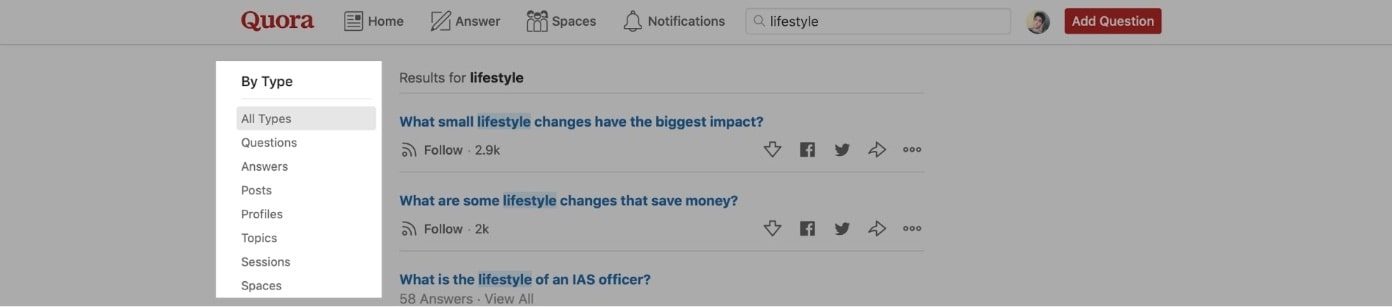 Quora search page