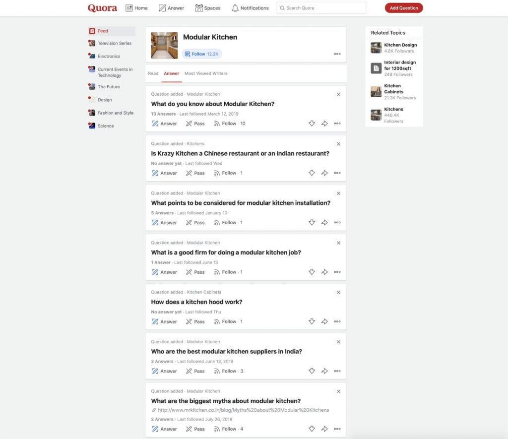 Quora questions in topics