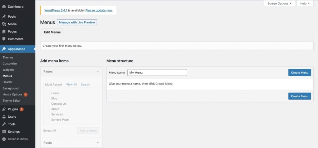 WordPress menu to build a website from scratch