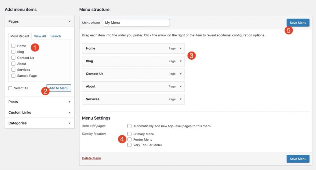 Menu setup of WordPress
