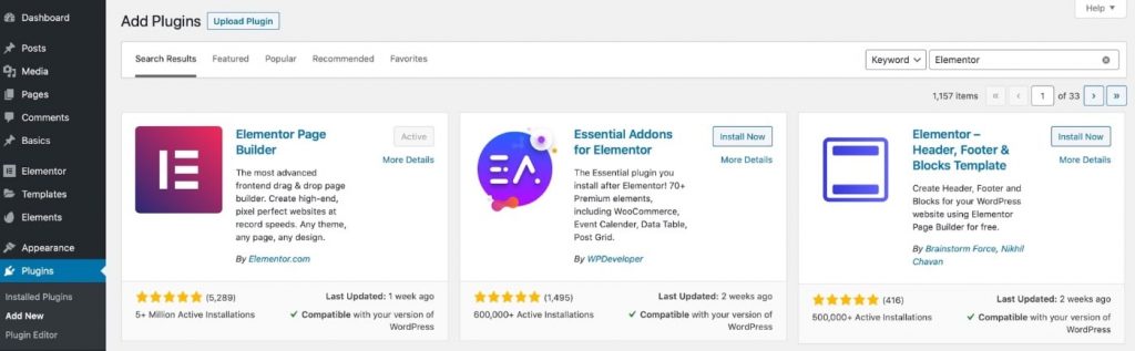 Elementor installation in WordPress
