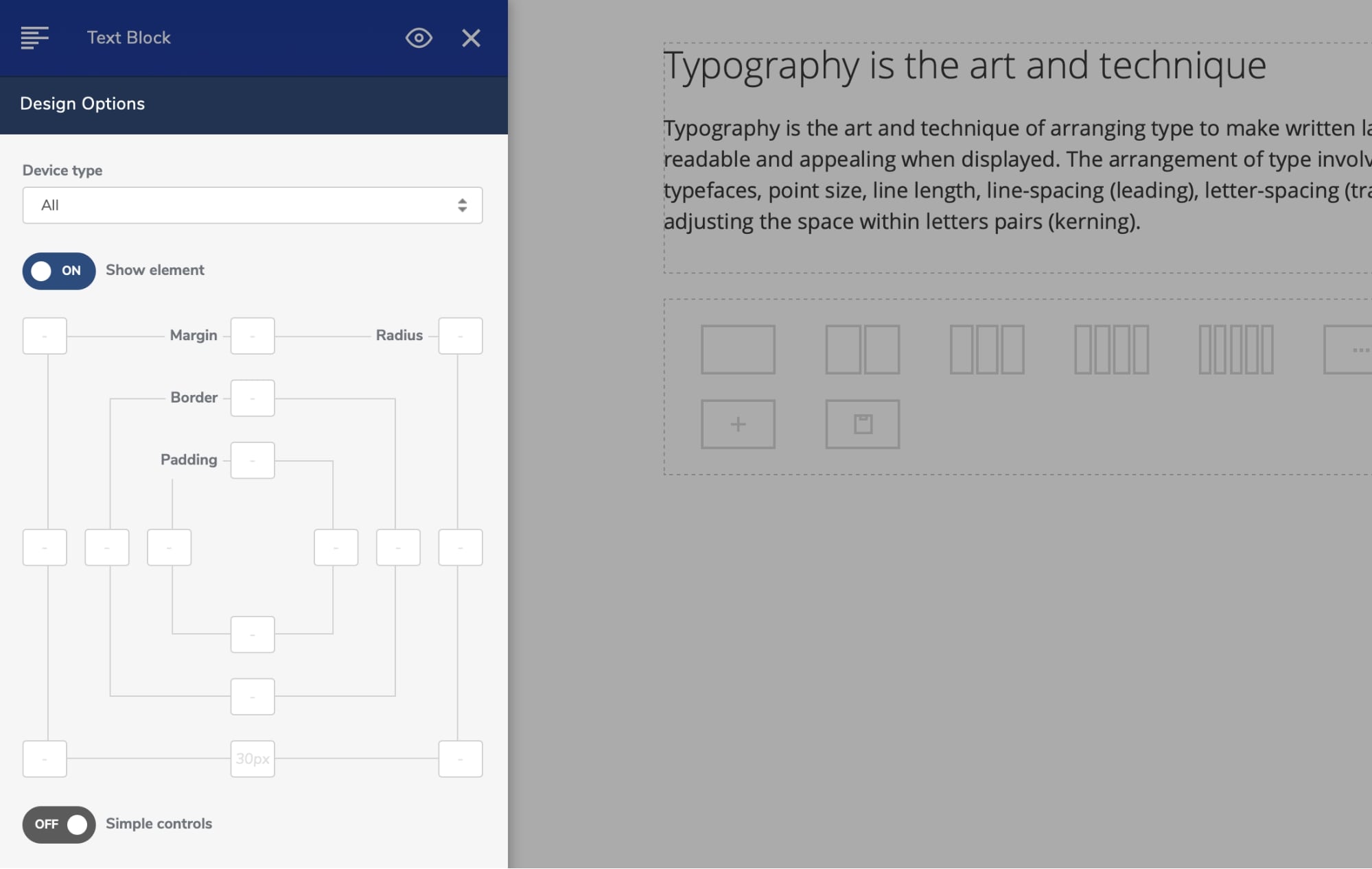 Visual composer Settings