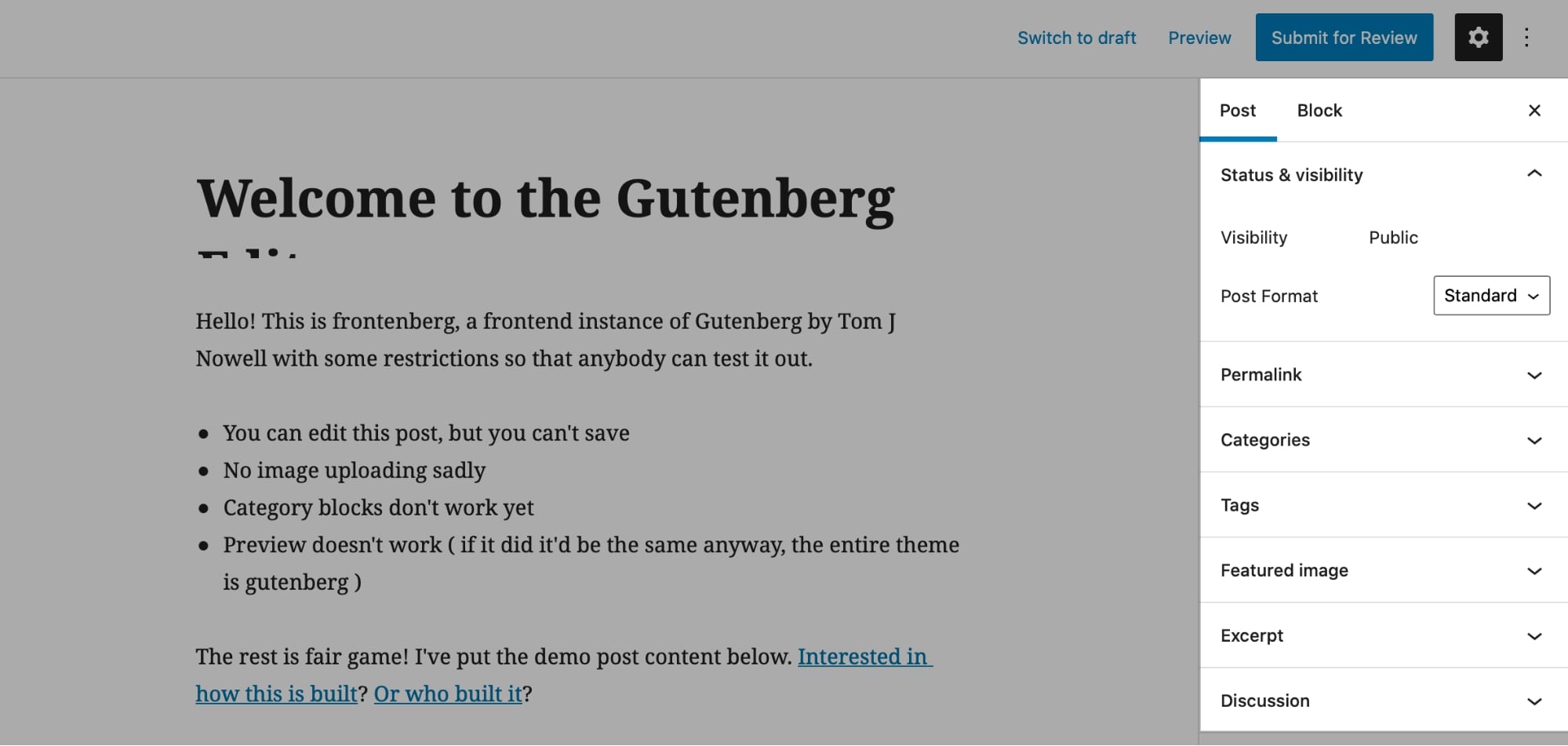 Gutenberg editor Post settings