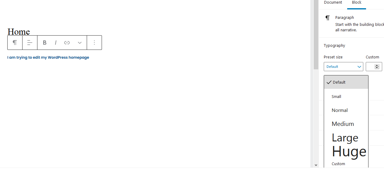 Change the text size when editing home page