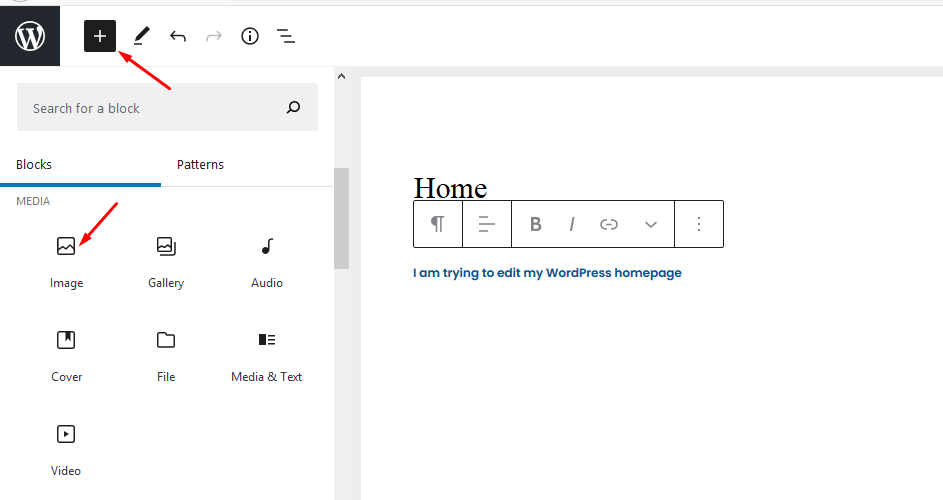 Add images when editing home page in wordpress