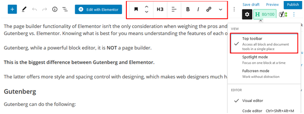 gutenberg vs elementor: editing options show at the top after clicking on top toolbar