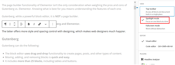 Using the spotlight mode in Gutenberg editor