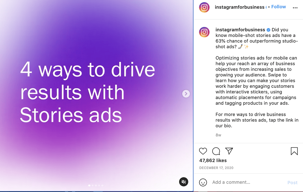 Stories ads shot on mobile outperform studio-shot ads by 63%