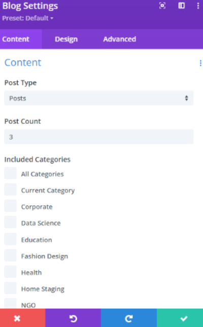Categories settings in Divi