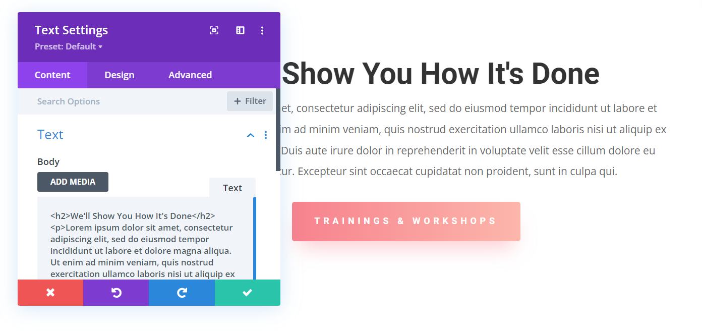 Text settings in Divi