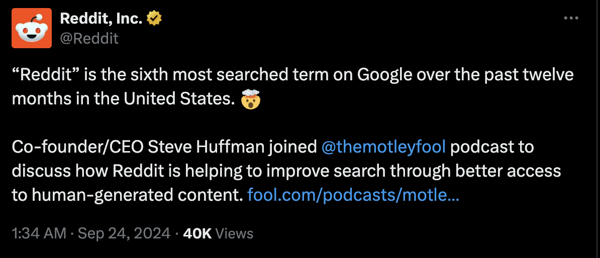 Reddit was the sixth most Googled term in the US (September 2024)