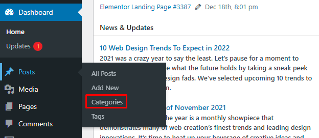 WordPress categories section