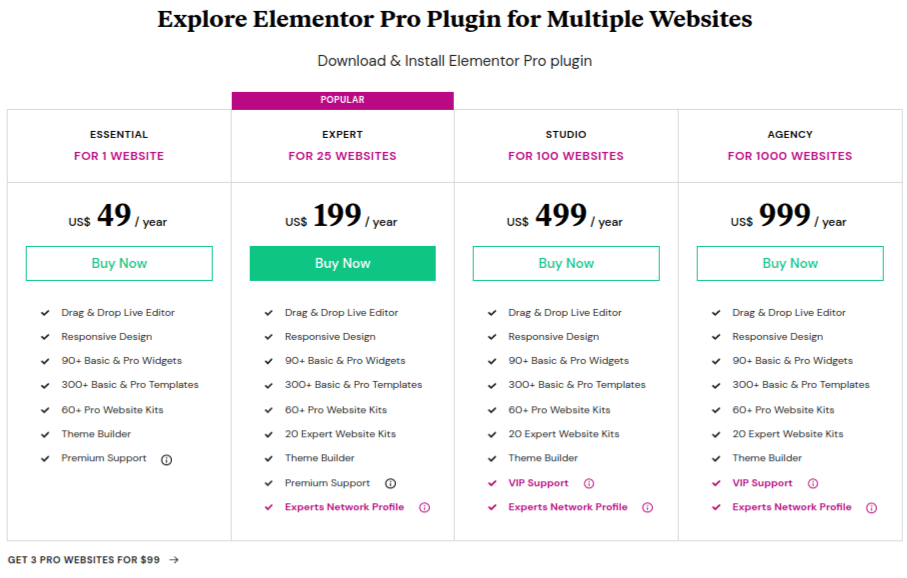 Elementor pricing plans