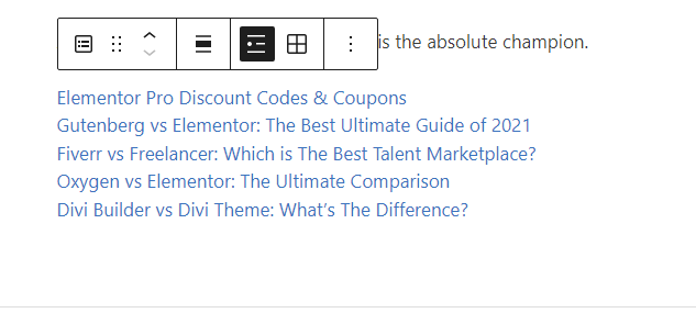WordPress latest posts block showing some posts on list format