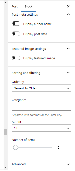 WordPress latest posts block settings