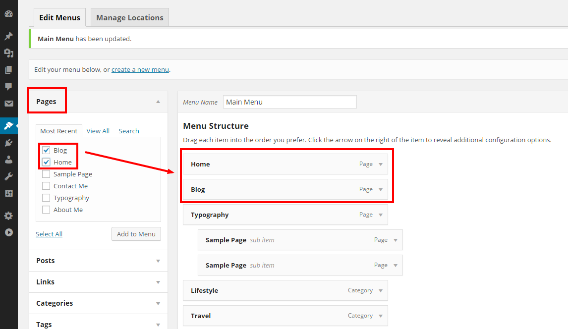 WordPress menu configuration section
