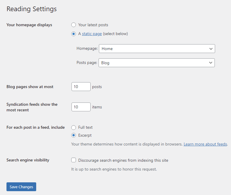 WordPress reading settings