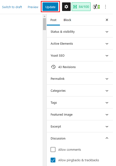 Update button in WordPress post