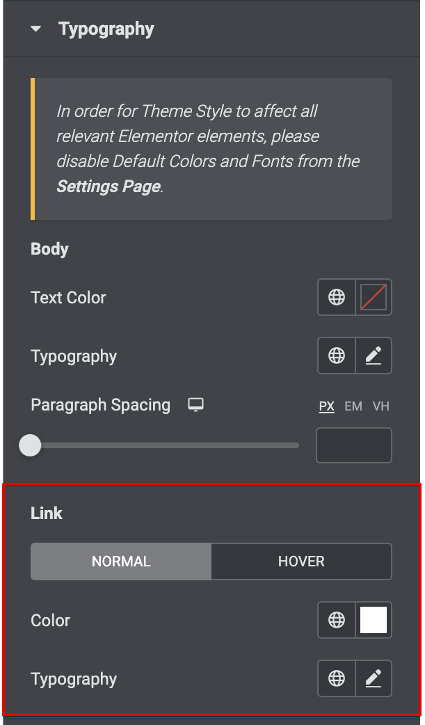 Elementor typography settings