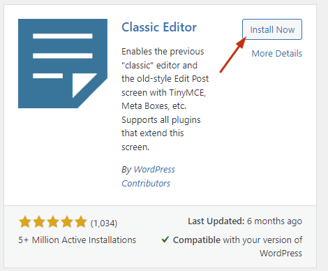 Installing classic editor plugin in WordPress