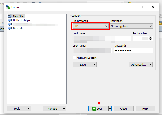 FTP Client login interface