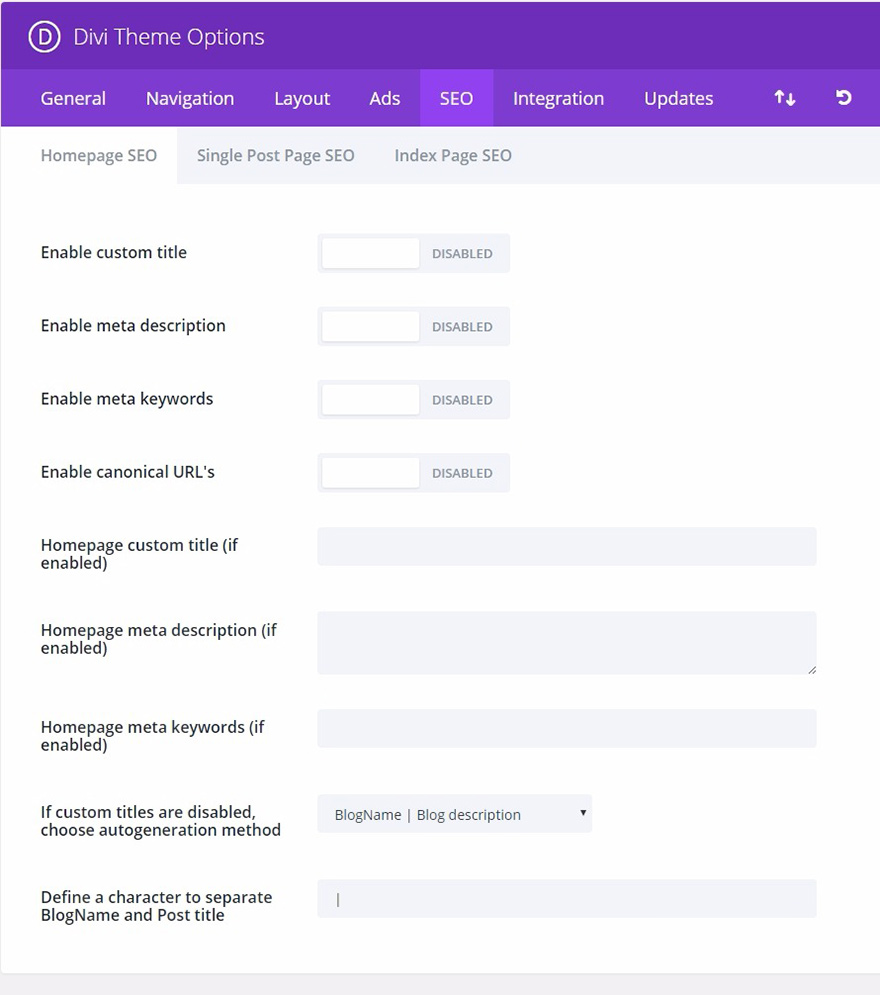divi homepage seo tab