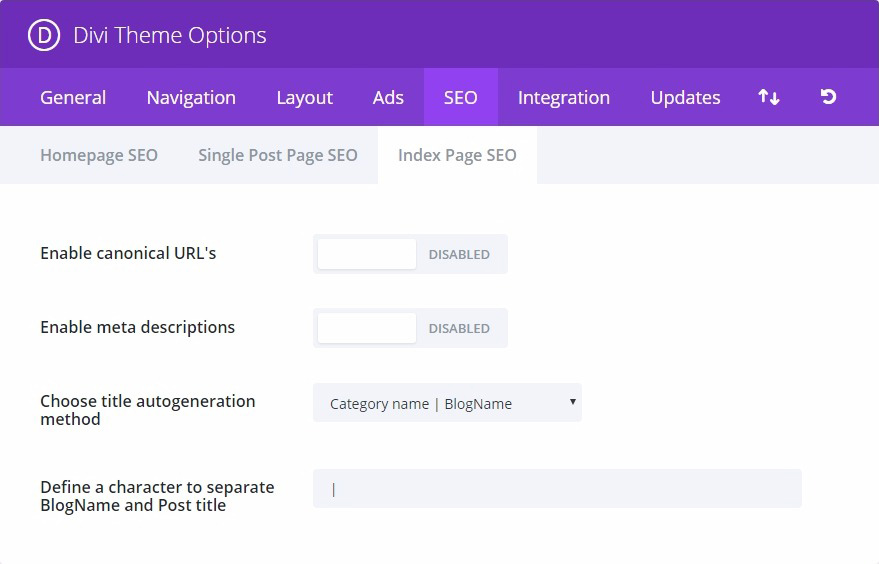 divi index page seo tab