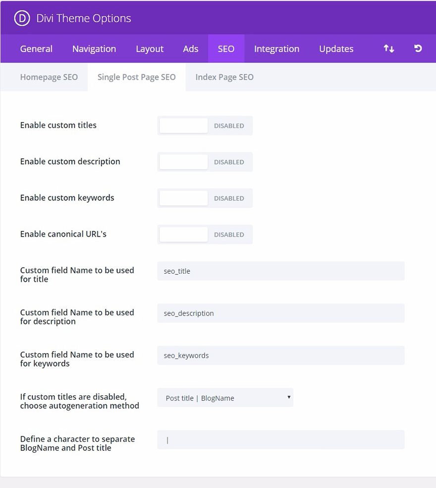 divi single post page seo tab