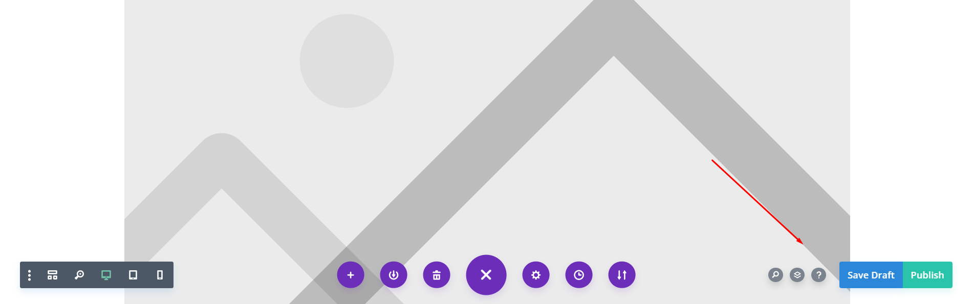 Divi save button, the search feature, the help section, and layers.