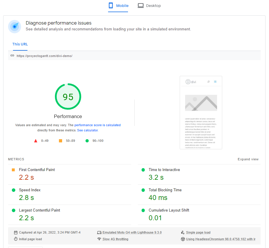 Google PageSpeed Insights results of our custom divi landing page