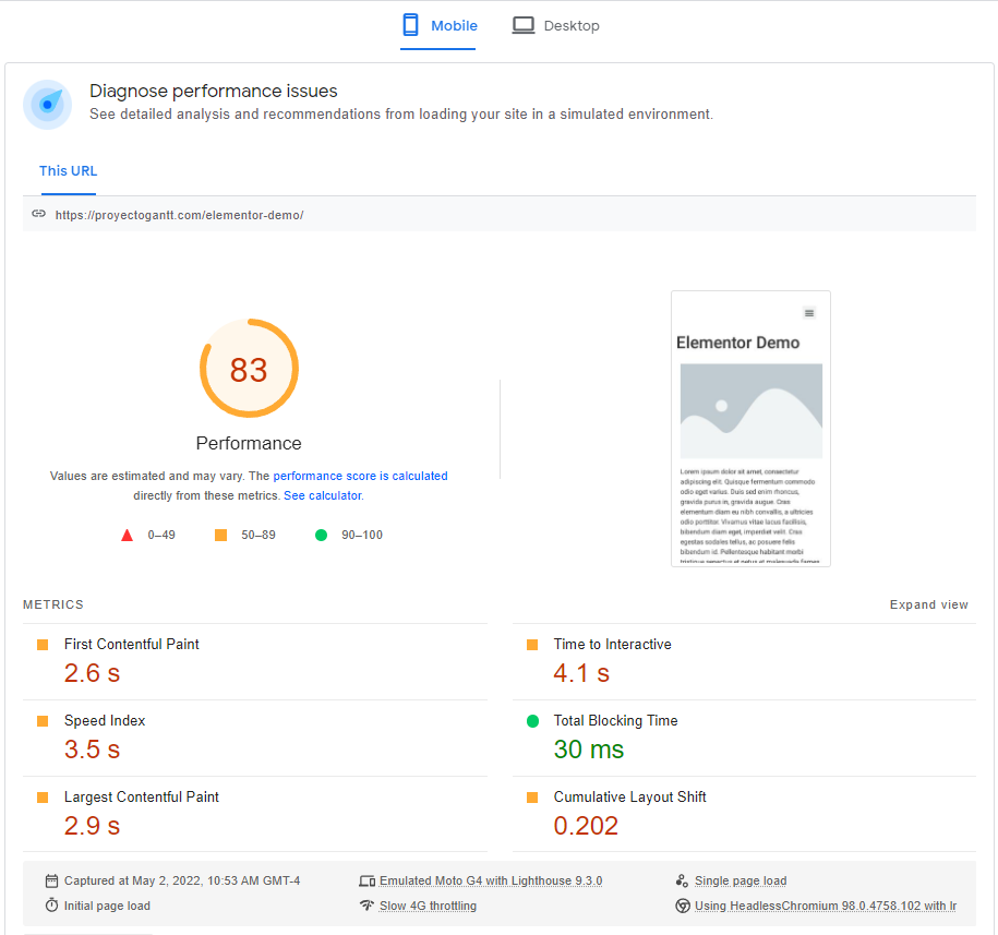 Google PageSpeed Insights results of our custom elementor landing page
