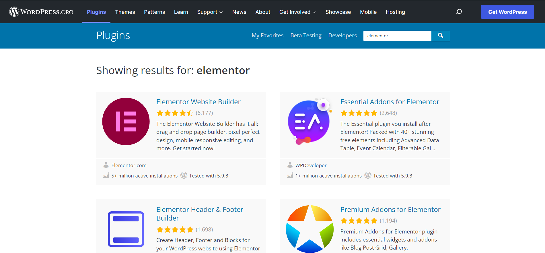 elementor addons in the wordpress library