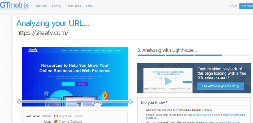 Testing website on GTmetrix