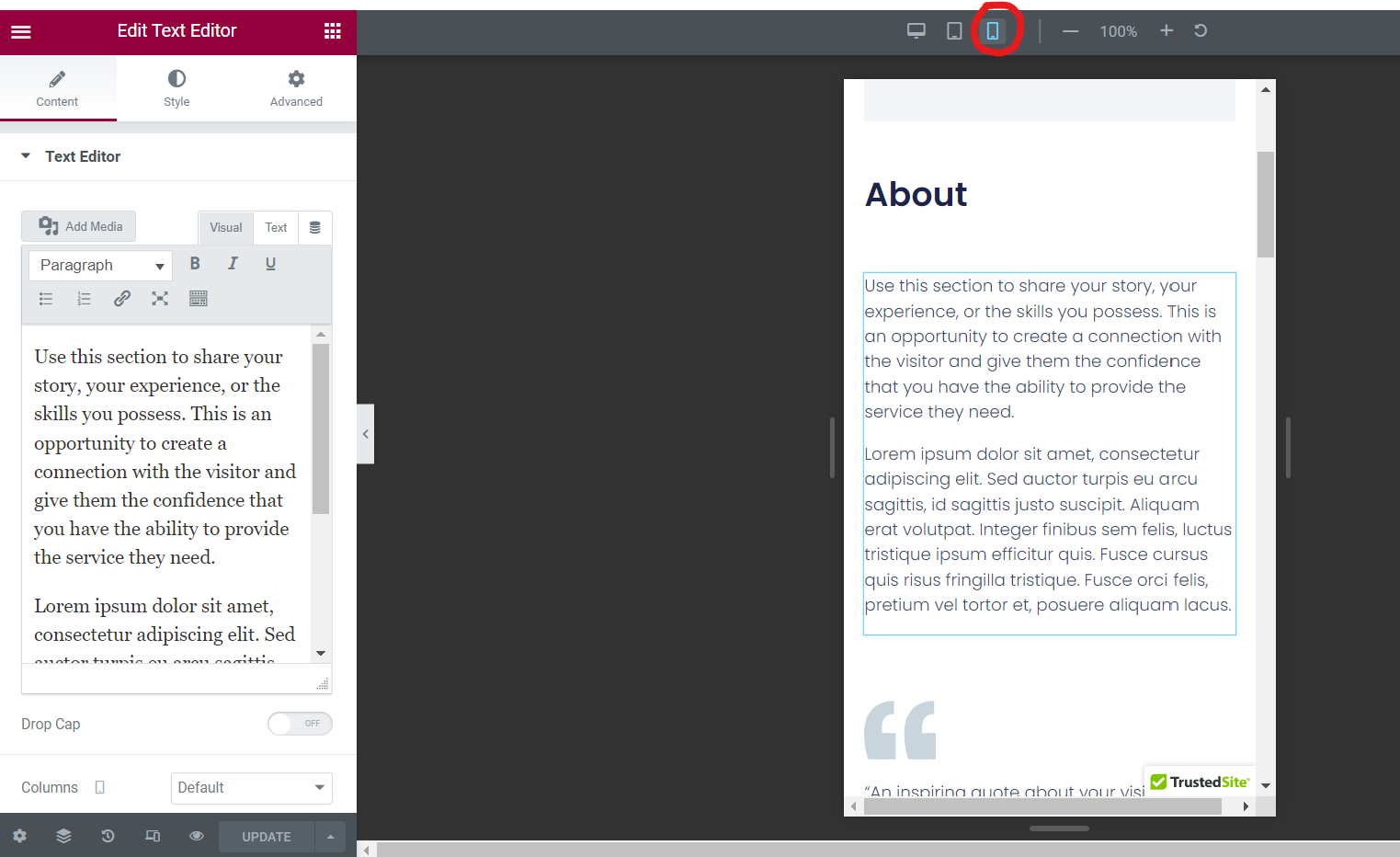 Check your mobile preview with Elementor