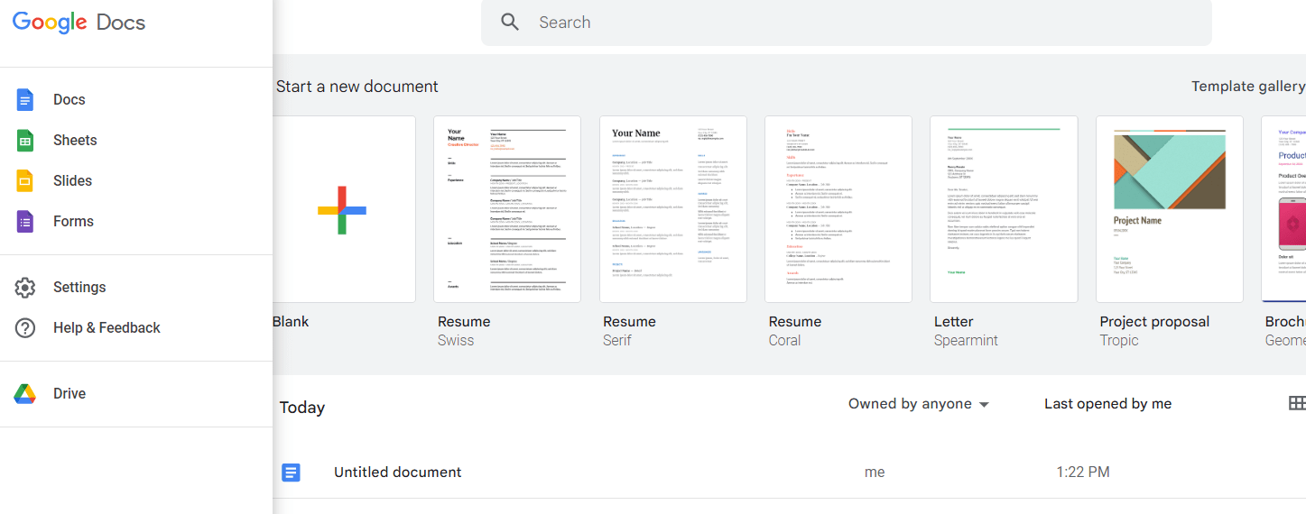 Google Docs homepage