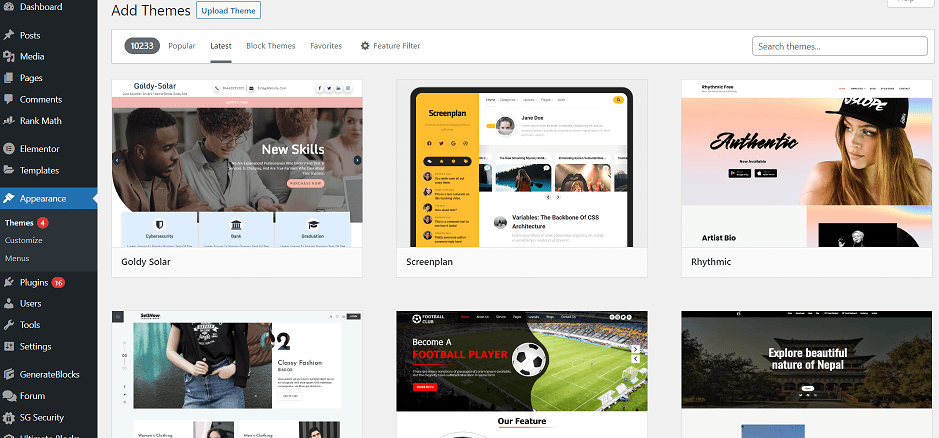 Themes page on WordPress