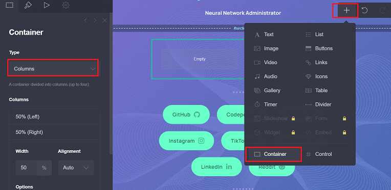 Columns on Carrd website