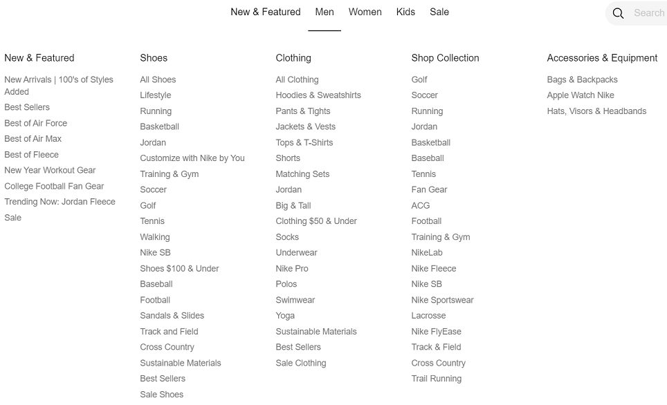 Shoe categories on Nike
