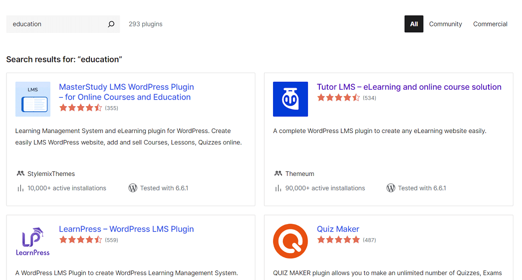 Education plugins on WordPress.org