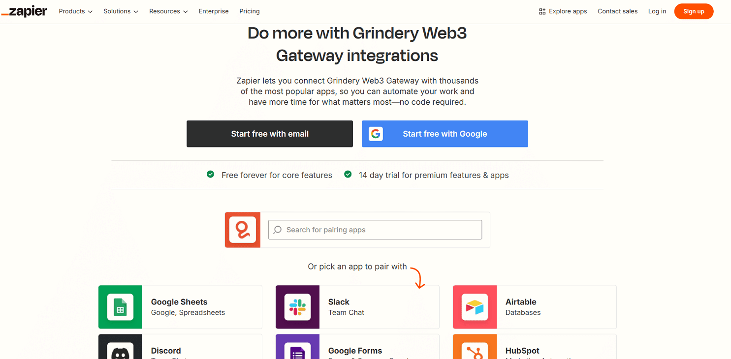 Zapier Grindery Web3 Gateway Integrations