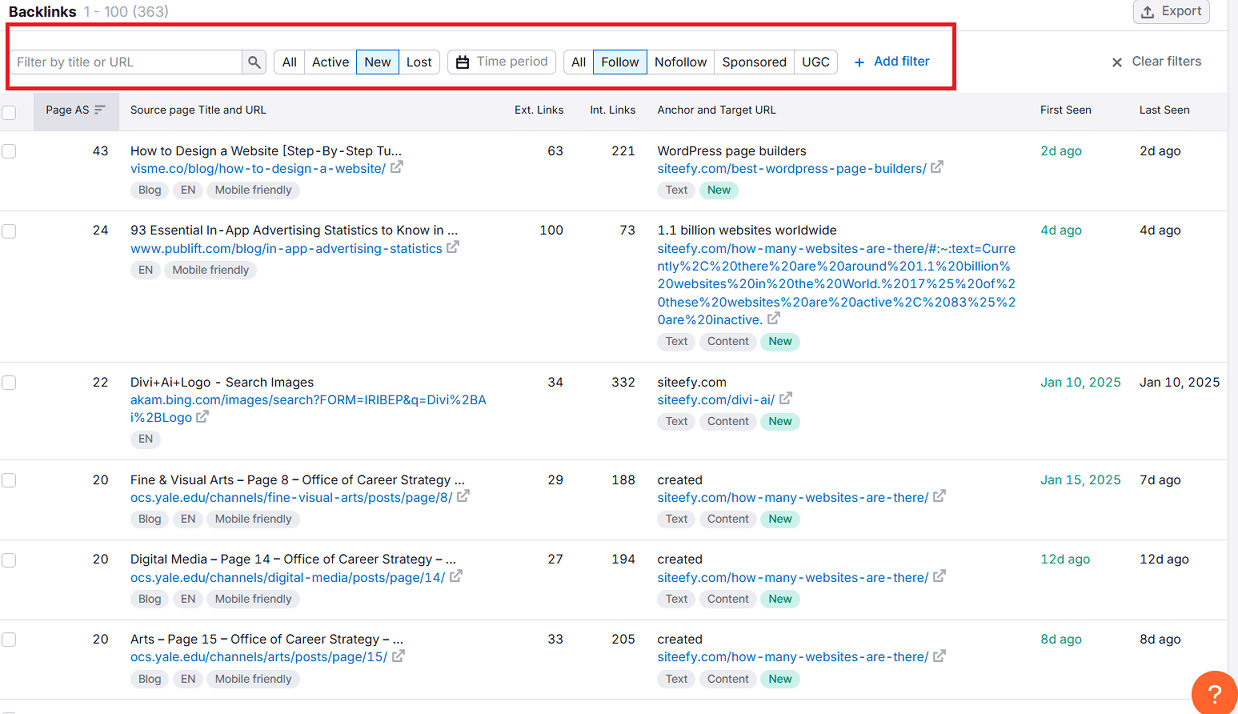 Backlinks Filter feature on Semrush