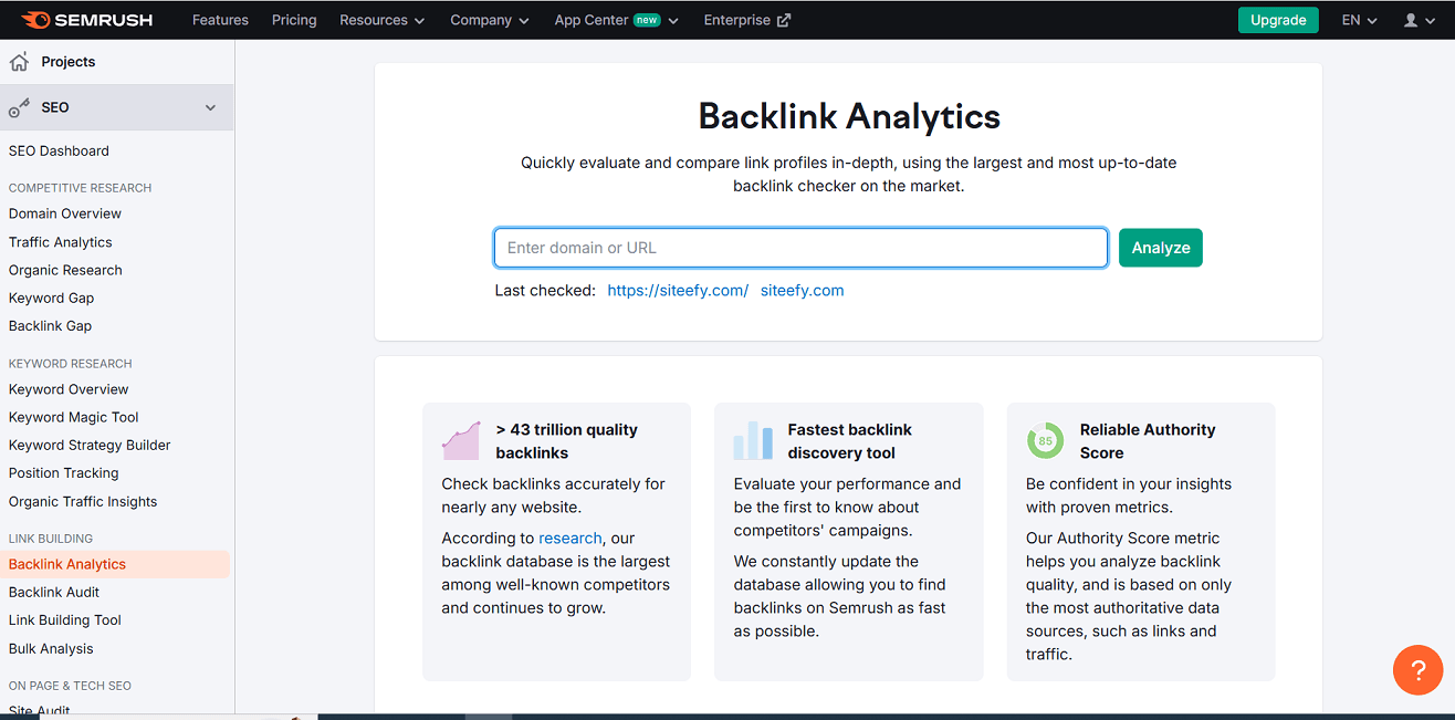 Semrush Backlink Analytics user interface