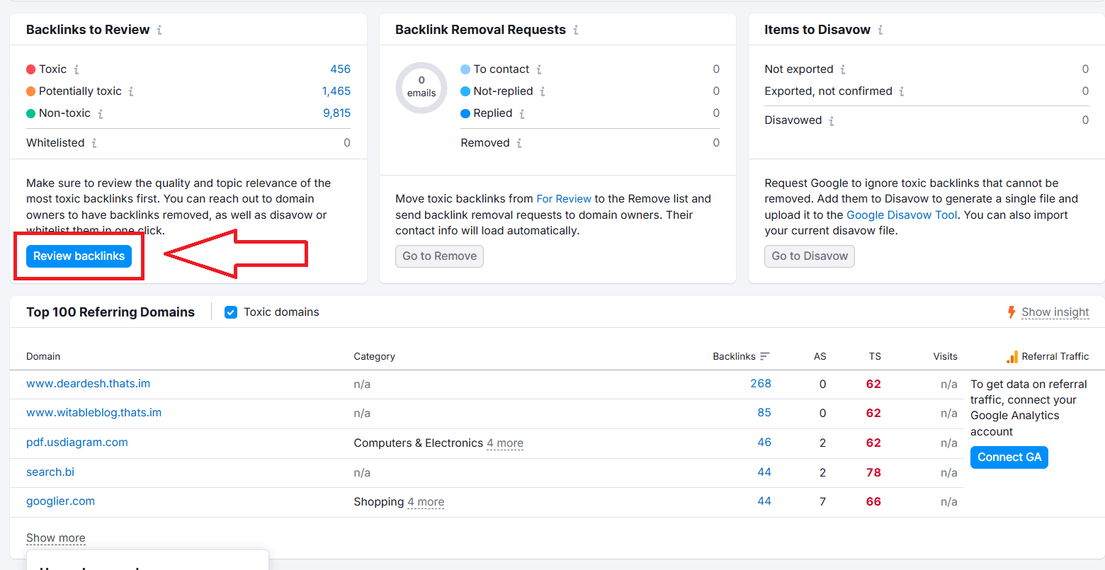 Review backlinks on Semrush