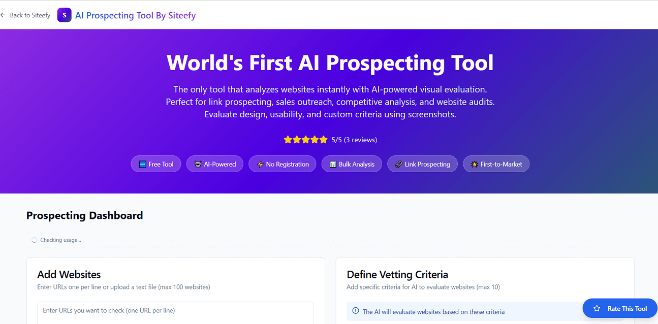 Siteefy AI Prospecting Tool homepage