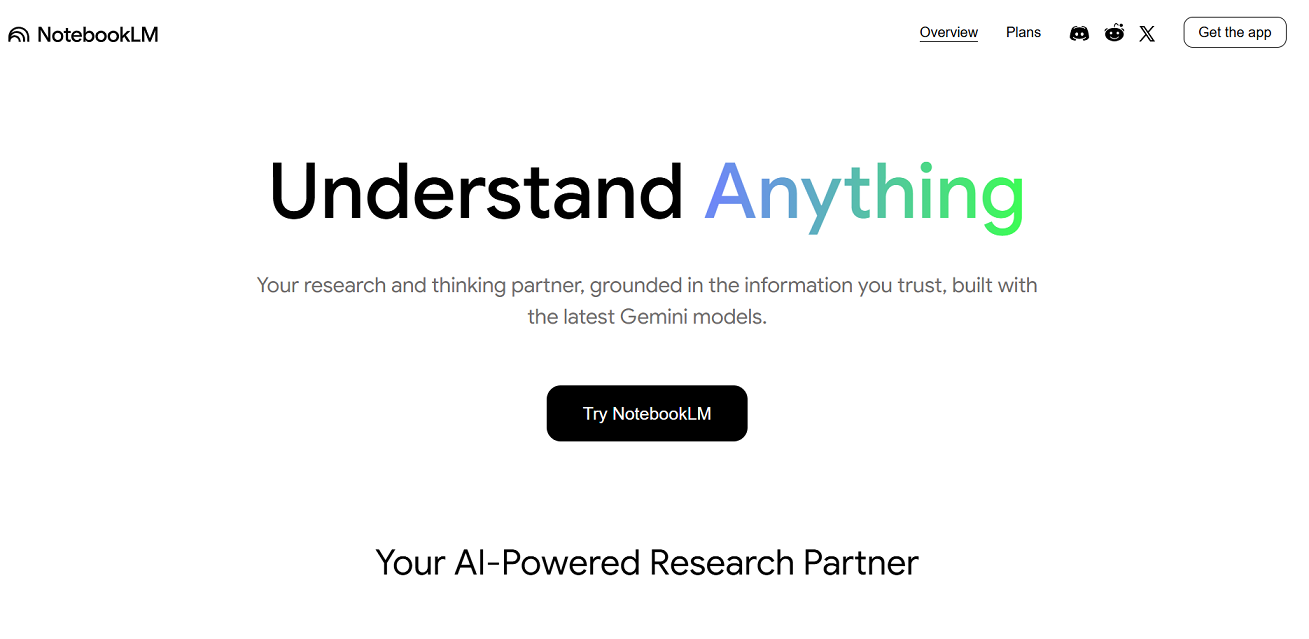 Google NotebookLM homepage