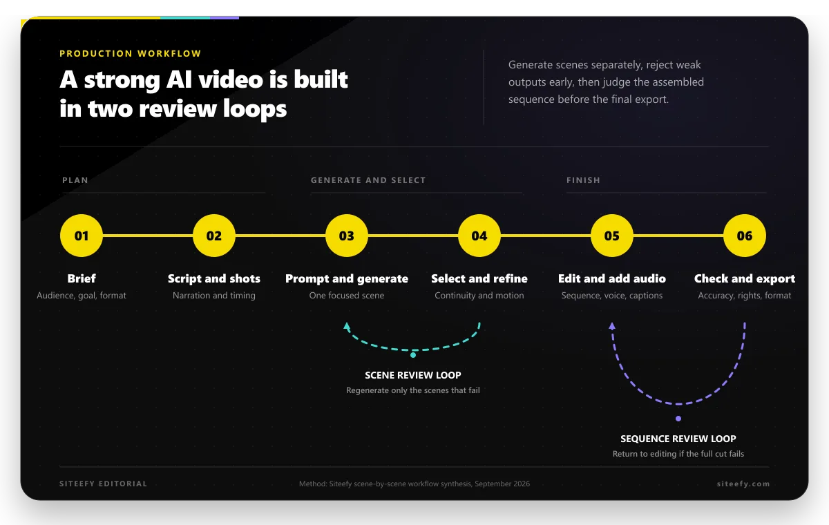 A practical AI video production workflow showing six stages and two review loops