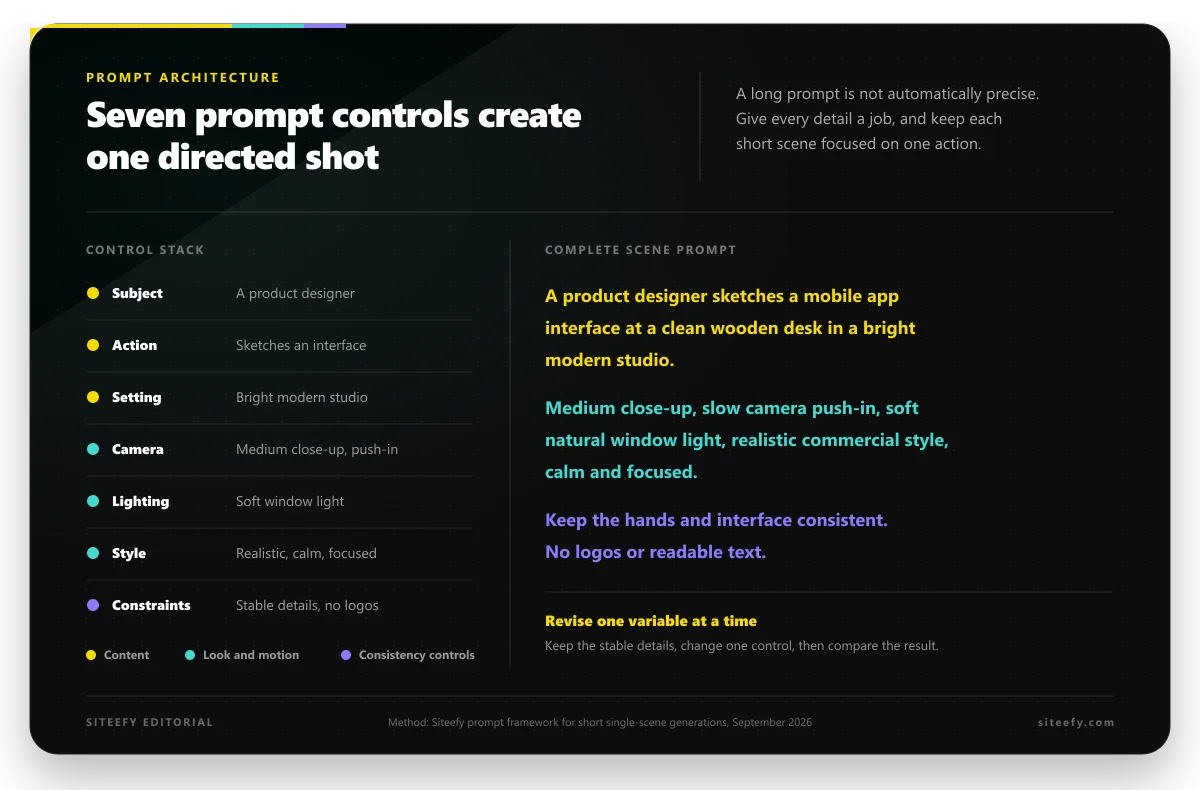 The anatomy of a controllable AI video prompt, showing seven inputs combined into one scene prompt