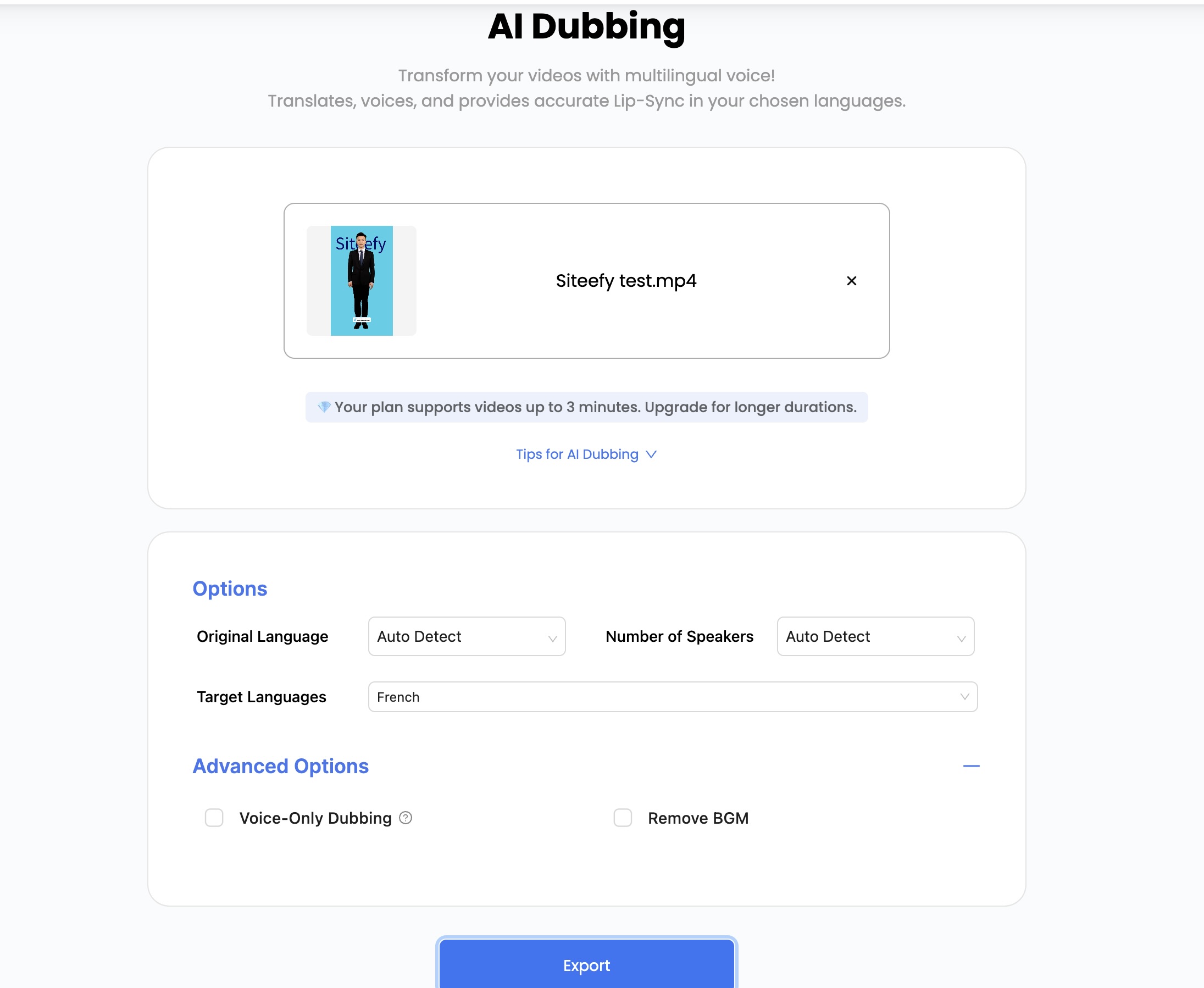 AI Studios AI dubbing tool